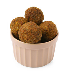 Delicious falafel balls in bowl isolated on white