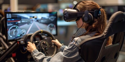 Teenage girl wearing virtual reality glasses, who holds on to the steering wheel and plays a...