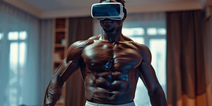 young man does sports exercises in virtual glasses