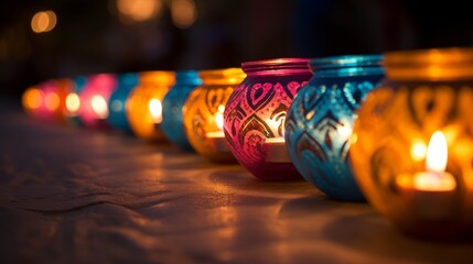 Fototapeta na wymiar Colorful diwali lamps lit in a row