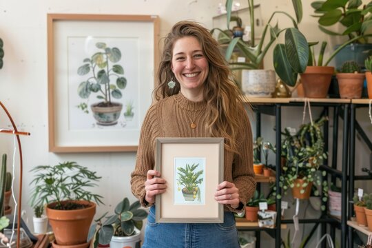 product placement photograph, smiling attractive woman in a plant shop, holding a picture in a frame,