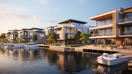 Creative architectural design in a waterfront development - obrazy, fototapety, plakaty