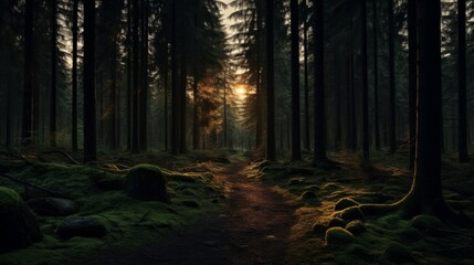 Dark and moody forest at sunset - obrazy, fototapety, plakaty