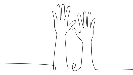 continuous single line drawing of a group of hands raised up. The concept of voting, elections