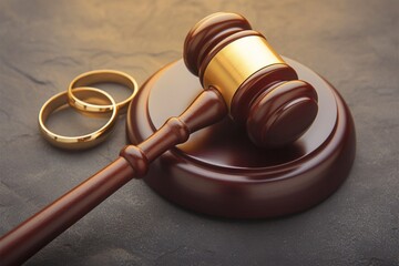 Divorce proceedings concept with judges gavel and wedding rings - obrazy, fototapety, plakaty