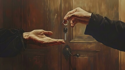 Handing over keys ceremony, a symbol of trust and responsibility. wooden background, vintage style. perfect for real estate concepts. AI