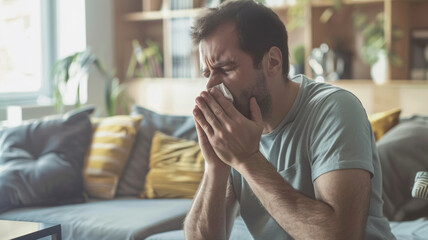 Man with a cold sneezing into a tissue at home, the discomfort of illness evident on his face.