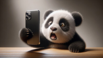  A surprised cartoon panda cub with wide eyes is holding up a smartphone, creating a cute and...