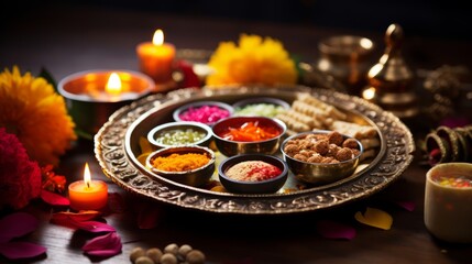 Diwali puja thali with sacred offerings and incense