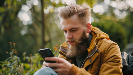 Bearded man focused on his smartphone amidst the vibrant autumn foliage outdoors.