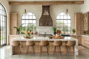 interior design of a modern farmhouse kitchen with wooden cabinets and floating shelves style photography