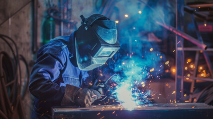 Fototapeta premium A welder focused on creating sparks while working metal.