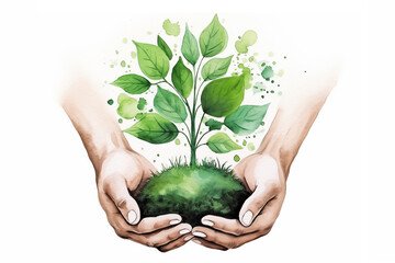 Human hands holding green plant with leaves. Watercolor illustration. Concept of environmental protection and sustainability.