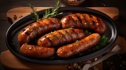 Grilled sausages on a platter, embodying the spirit of casual bbq gatherings - obrazy, fototapety, plakaty