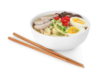 Delicious ramen with meat in bowl and chopsticks isolated on white. Noodle soup