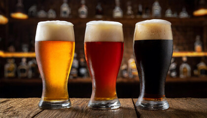 Three glasses of fresh beer, different types, blonde beer (lager beer), red beer and dark beer with white foam, above an old wooden table, bar or pub counter. Dark room on background. Generative Ai. - obrazy, fototapety, plakaty