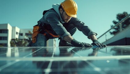  a man in a hard hat and safety gloves cleaning a solar panel on a roof Generative AI - obrazy, fototapety, plakaty