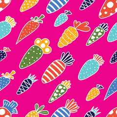 Colorful carrots  seamless vector pattern. Kawaii Easter illustration. Cute hand drawn spring holiday background for packaging, print, wrapping paper, gift, fabric, wallpaper, textile, card.