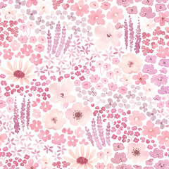 Floral watercolor seamless pattern with abstract wildflowers, delicate illustration pink color, isolated print for textile or wallpapers. - 755800309