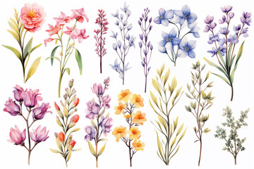 Watercolor spring flowers and leaves set on white background.