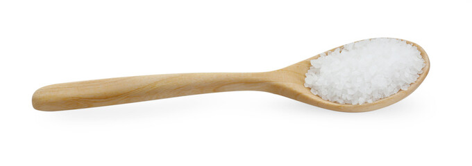 Natural salt in wooden spoon isolated on white