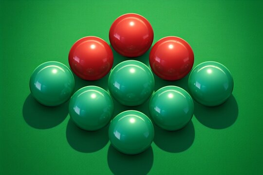 Balls for billiards snooker arranged on a green playing surface