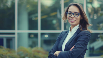 Fototapeta premium Confident businesswoman smiling in a modern corporate environment.