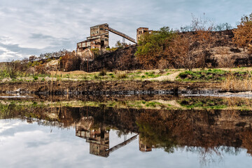 Abandoned zinc mines near to Kirki village North Evros Greece, water reflection, environmental...