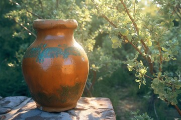 Rustic ceramic pot showcased in a close view amidst trees