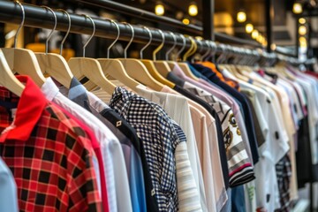 A row of shirts hanging on a rail. This versatile image can be used to depict fashion. clothing retail. laundry services. or organization