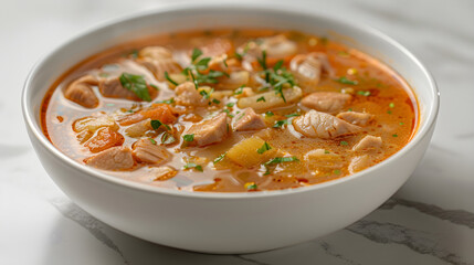 Homemade chicken vegetable soup in white bowl