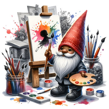 A Whimsical African Gnome Painter With A Palette And Brushes Creating A Vibrant Splash Of Colors On A Canvas.

