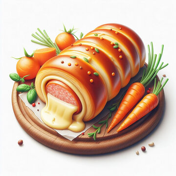 A sausage roll with cheese and carrots background, Top view sweet delicious, Ai generative.