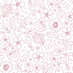Floral seamless pattern in doodle style. Cute floral seamless pattern with line art flowers isolated on white background. Vector illustration.