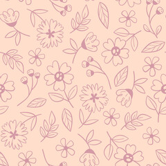 Floral seamless pattern in warm light tones. Doodle style. Seamless pattern with line art flowers. Vector illustration.