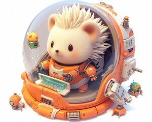 Baby hedgehog robot in a cartoonstyle isometric 3D world interacting with miniaturized objects all against a clean white background