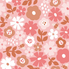 Scandinavian floral seamless pattern with romantic pink tones. Flowers isolated on pink background. Cute vector illustration.