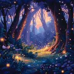 Magic Forest Background: Enchanted trees, mystical creatures, and sparkling fairy dust create a whimsical atmosphere in a magical forest.