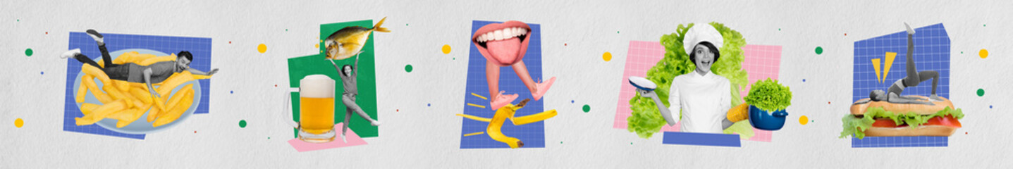 Creative panorama collection collage of man eat fried potato girl drink beer and fish cook healthy...