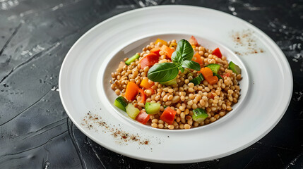 Fresh vegetable and couscous salad on white plate