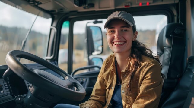 A cheerful young female trucker, truck driver, sitting in the cabin behind the wheel, smiling into the camera