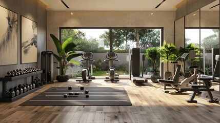 A modern home gym with a few workout machines, a large window overlooking a garden, and a few...