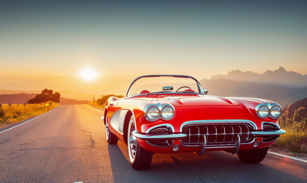 Red vintage convertible car on open road at sunset. Travel and adventure concept for poster, wallpaper. Wide-angle shot with copy space.