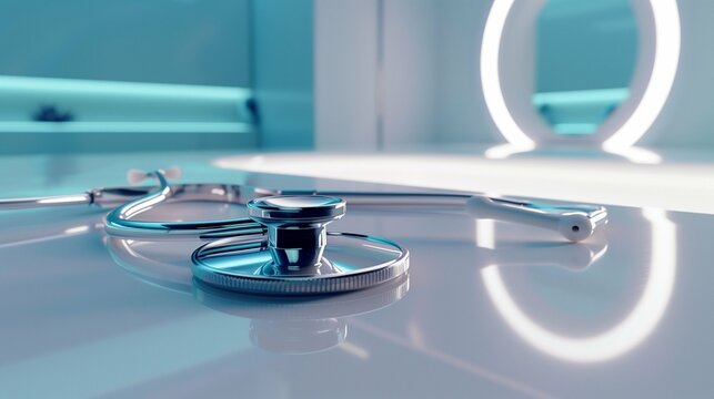 Against a backdrop of a serene blue health science laboratory, a stethoscope rests on a pristine white table, its sleek curves and polished surface catching the light. 

