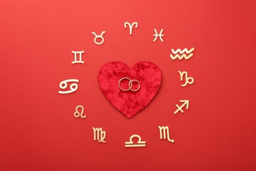 Zodiac signs, heart and wedding rings on red background, flat lay