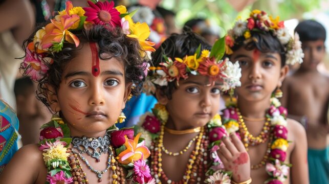 Group of Indian Children Dressed in Traditional Attire with Flower Garlands and Facial Paint