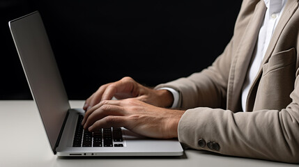 Close  up of Businessman hands typing on a laptop while working in a office.