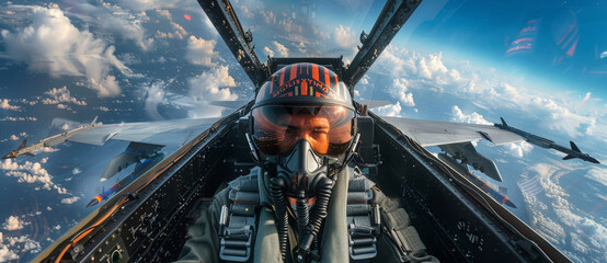 The cockpit view of a fighter jet pilot soaring above an ethereal cloud landscape