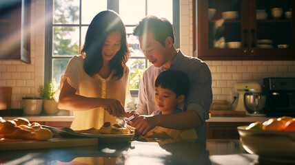 Portrait of a Chinese family while cooking breakfast together in the kitchen on a bright sunny day,...