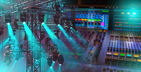Music concert industry. Mixer. Sound recording equipment. Metal structure with spotlights....
